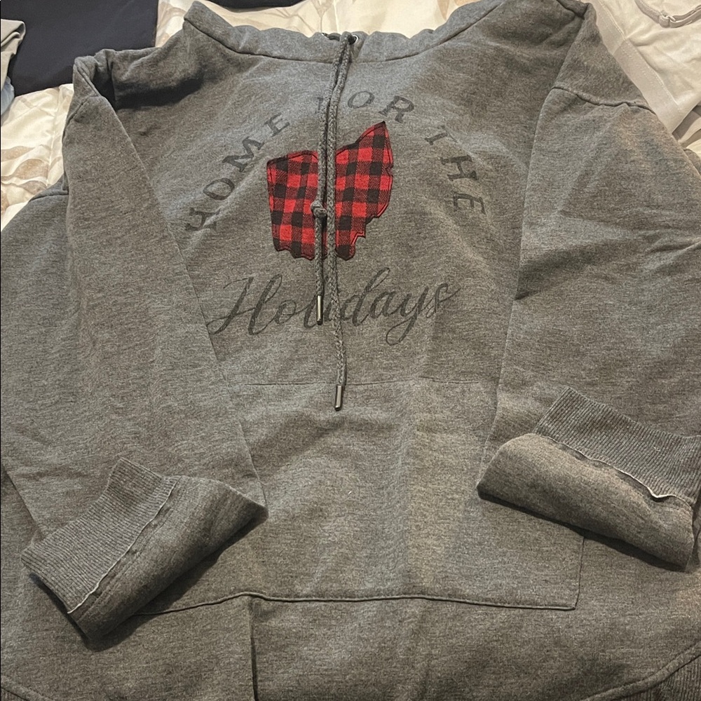 Maurices Gray Holiday Hoodie with Red Plaid Design